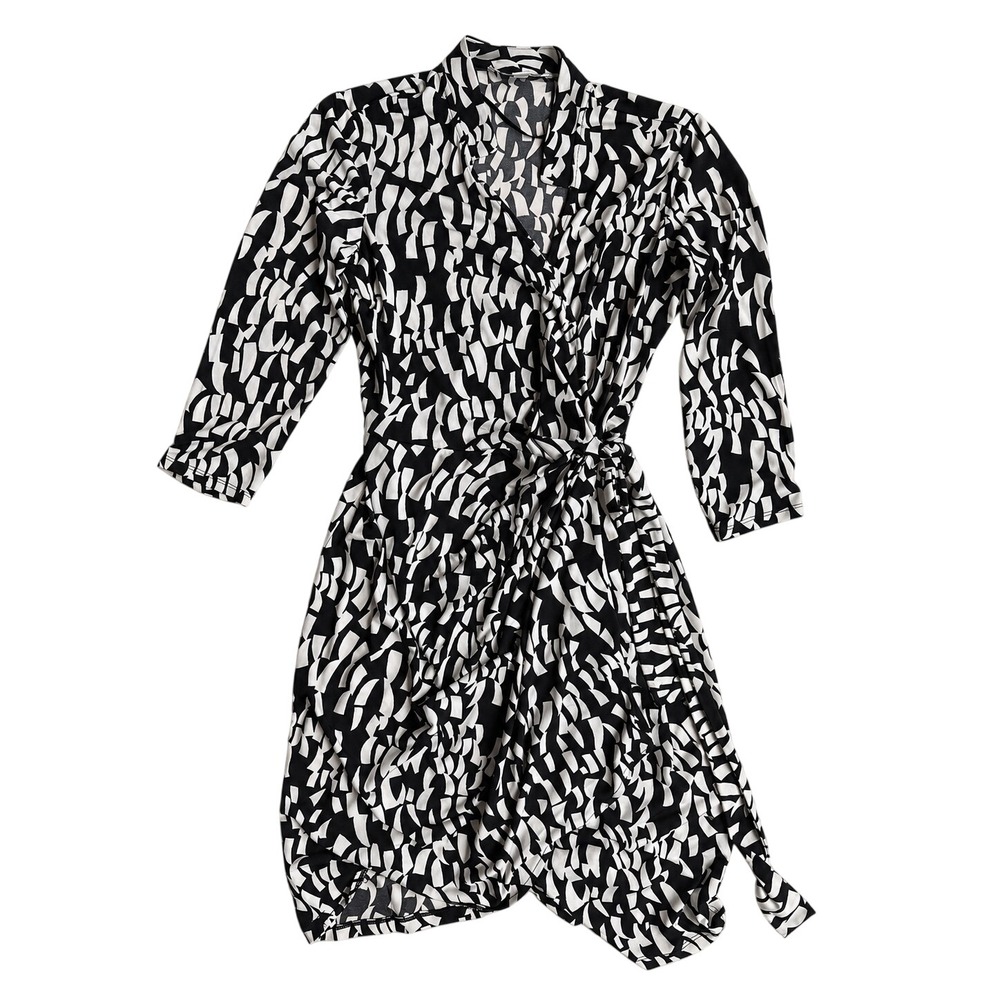 Maggy London Black White Geometric Abstract Wrap Midi Dress 10
